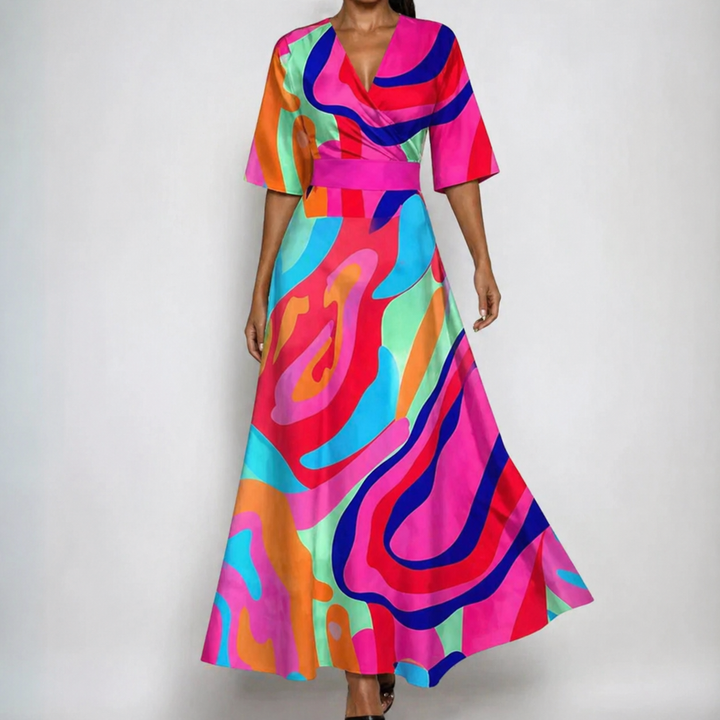 Versatile women's floral wrap maxi dress with V-neck and belt, perfect for parties, spring, and summer wear.