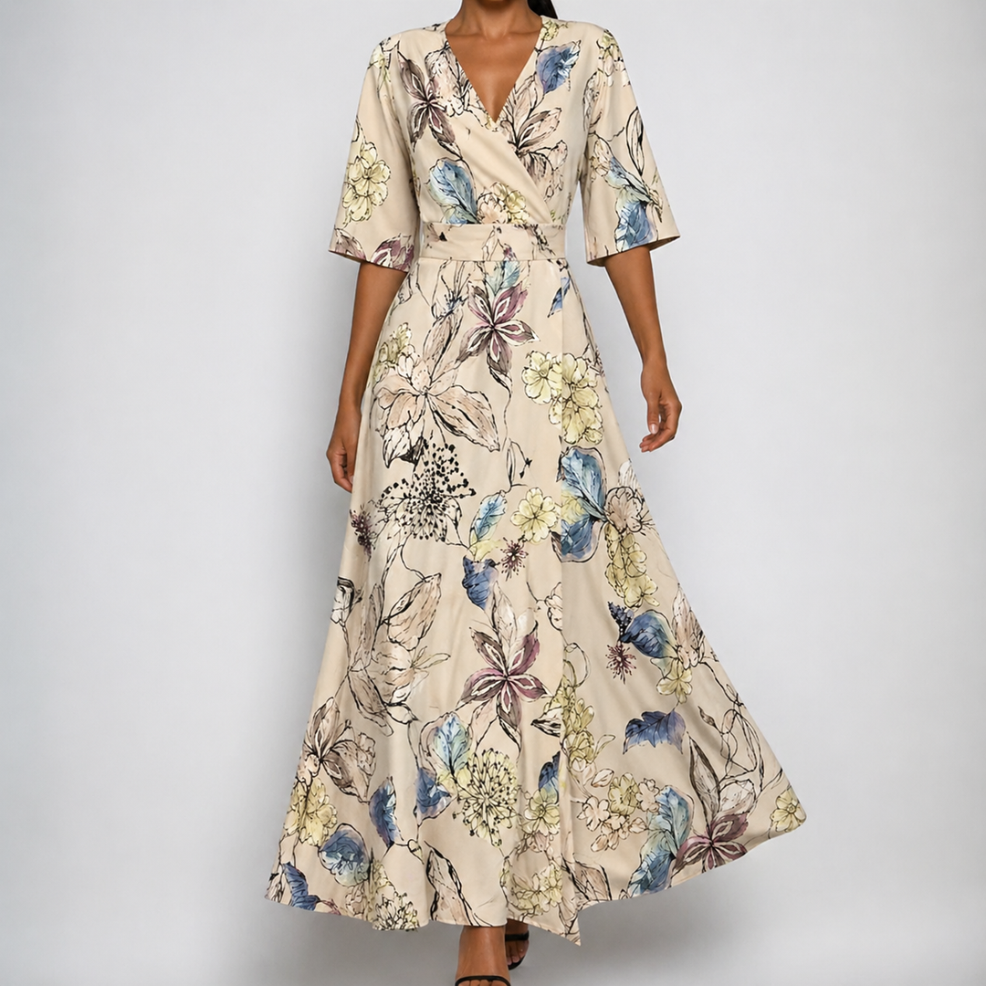 Women's elegant floral wrap V-neck maxi dress with belt, perfect for spring/summer parties & special occasions.