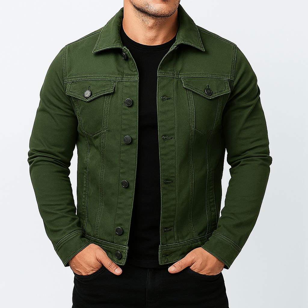 Men's classic blue denim trucker jacket, versatile everyday outerwear. Ideal for transitional spring & autumn fashion.