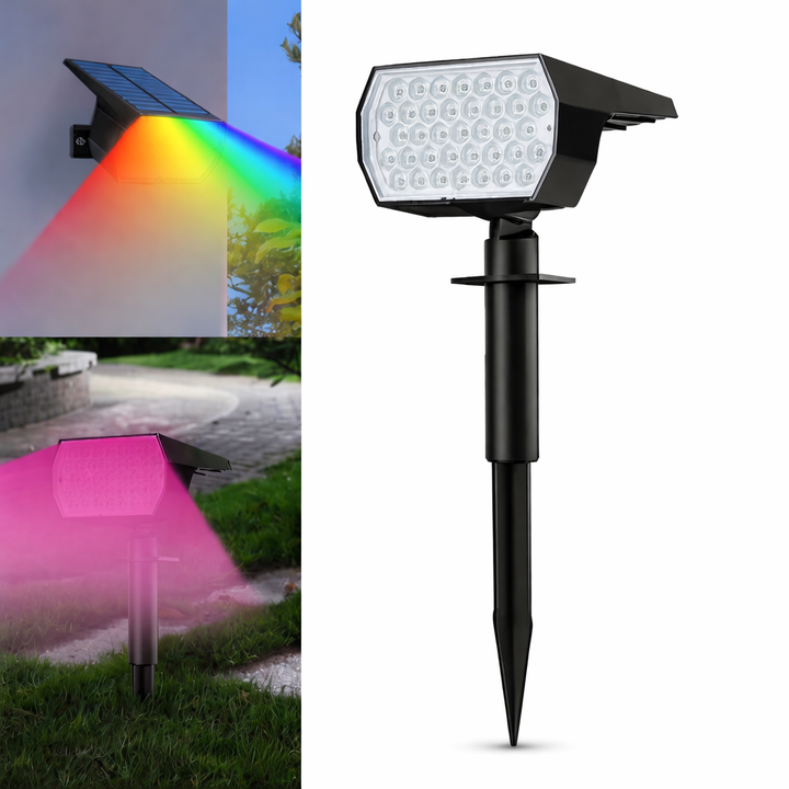 Vibrant solar RGB garden spotlights illuminating a patio, perfect for outdoor landscape lighting.