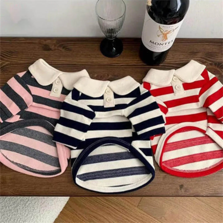 Classic striped polo dog shirt, pet apparel for small to large dogs. Elegant pet fashion & walk attire.