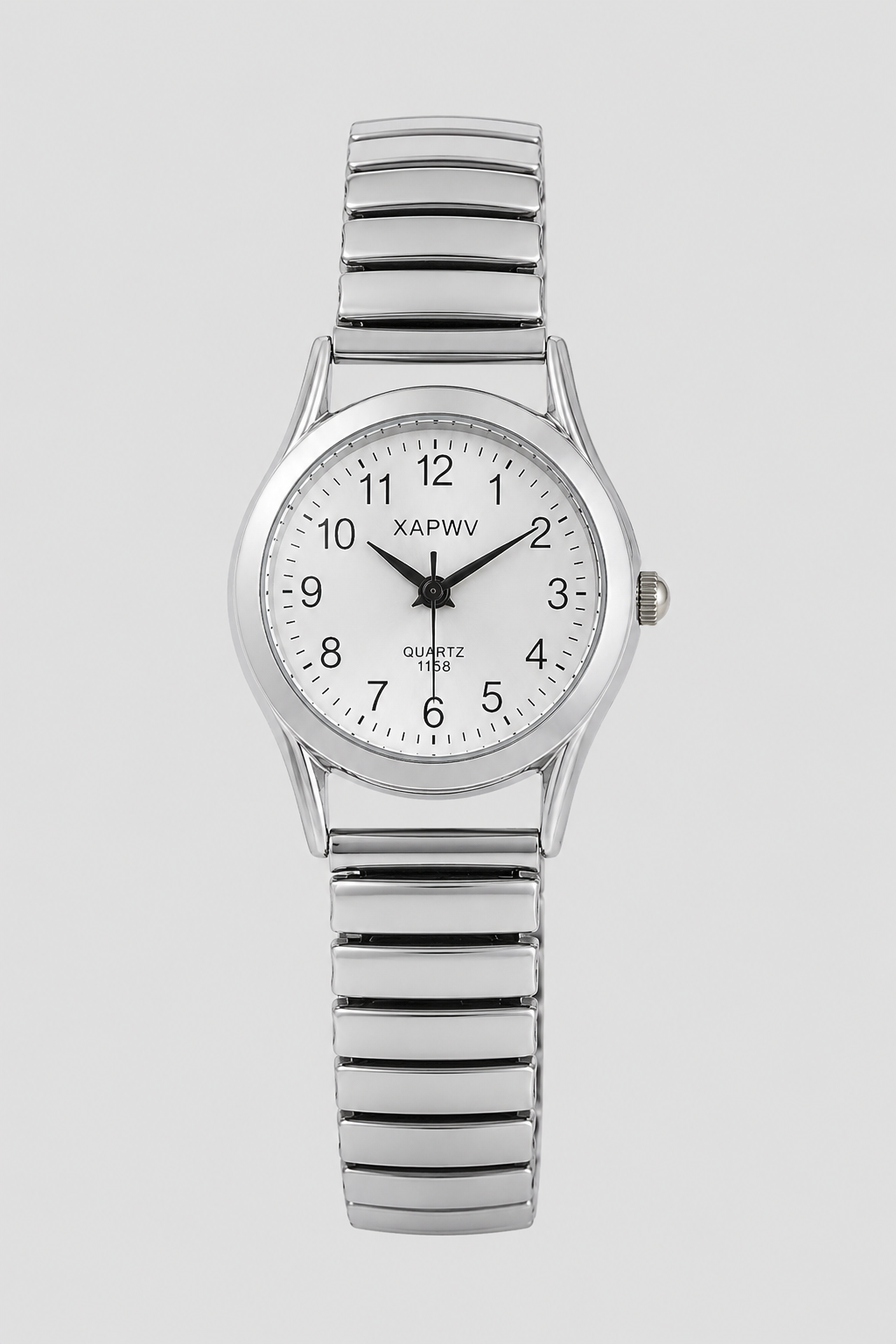 Classic unisex silver analog watch with easy-read minimalist dial and comfortable expansion band. A perfect timepiece.