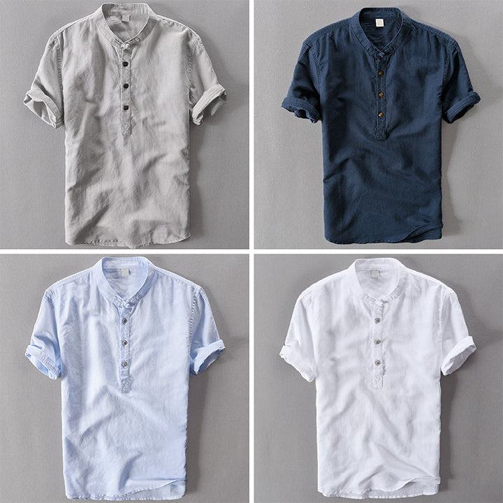 Front view of men's casual short sleeve button-down shirt, a lightweight summer top ideal for resort & vacation fashion.