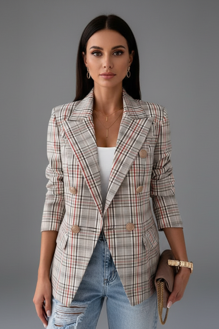 Chic women's double-breasted plaid blazer, perfect for elevating any professional business or office outfit effortlessly.
