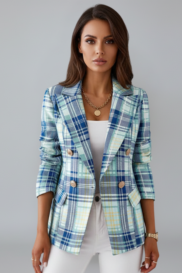 Women's professional double-breasted plaid blazer. Chic, elegant long-sleeve jacket for business and office style.