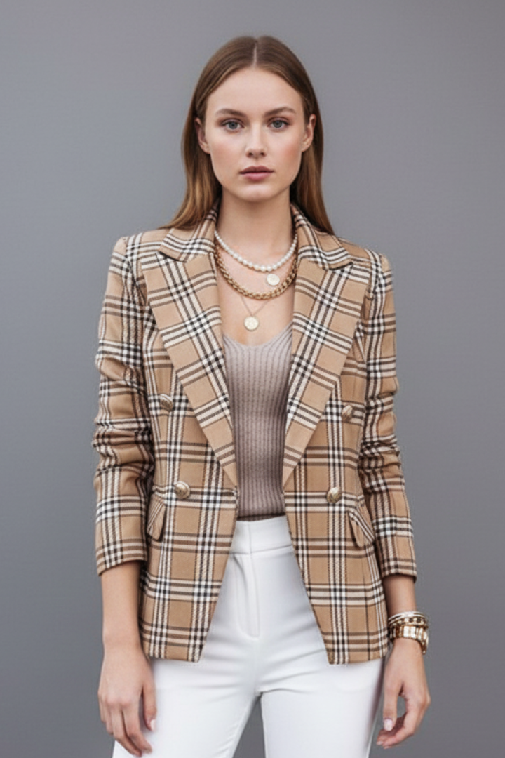 Sophisticated women's plaid double-breasted blazer, a long-sleeve professional jacket for elegant office wear.