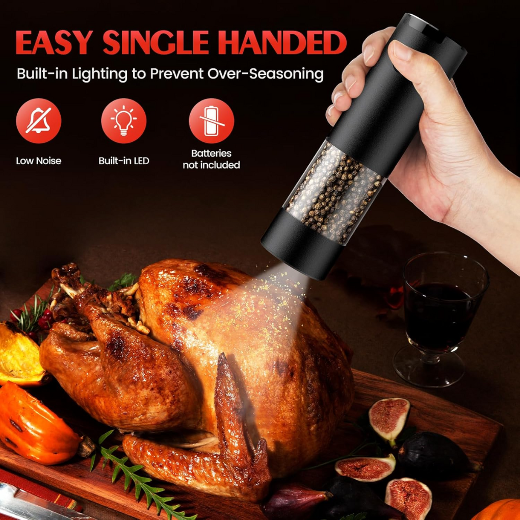 Modern electric spice mill for salt & pepper, featuring adjustable grind settings & sleek unisex design.