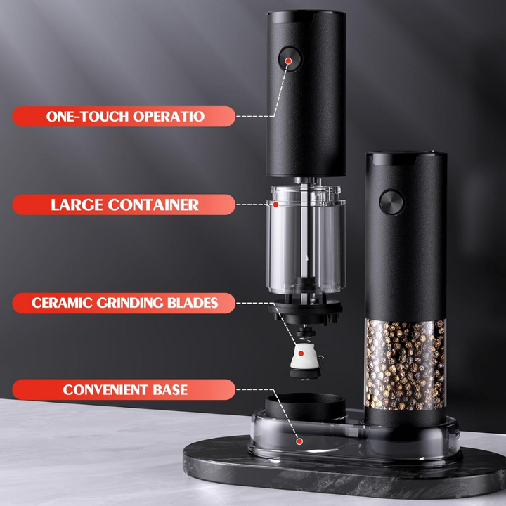 Hands-free electric pepper & salt grinder set, a convenient kitchen tool with LED light for cooking.