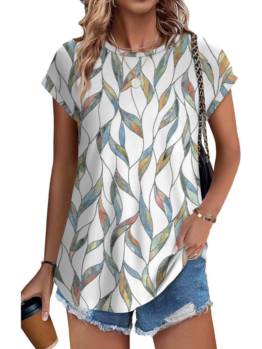 Women's botanical leaf print cap sleeve top for effortless summer style.