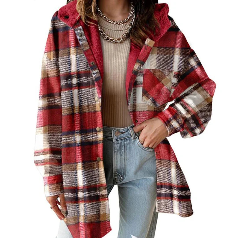 Women's cozy teddy bear plaid hooded shacket, button-down, versatile fall & winter fashion.