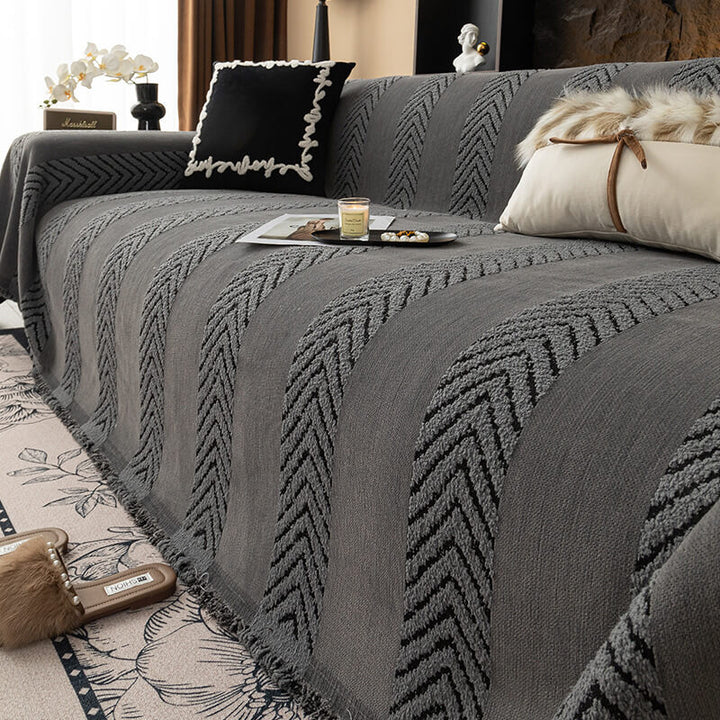 Easy clean herringbone chenille sofa cover. Unisex throw, durable furniture protector for active homes. Pet friendly.