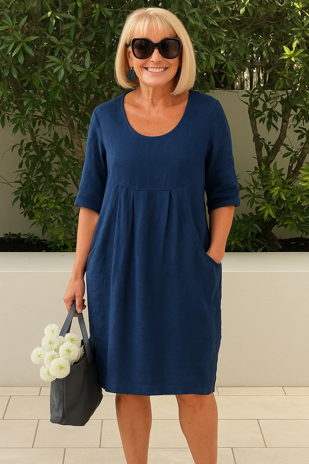 Casual summer day dress for women, featuring pleats, bust pockets, and a stylish midi length.