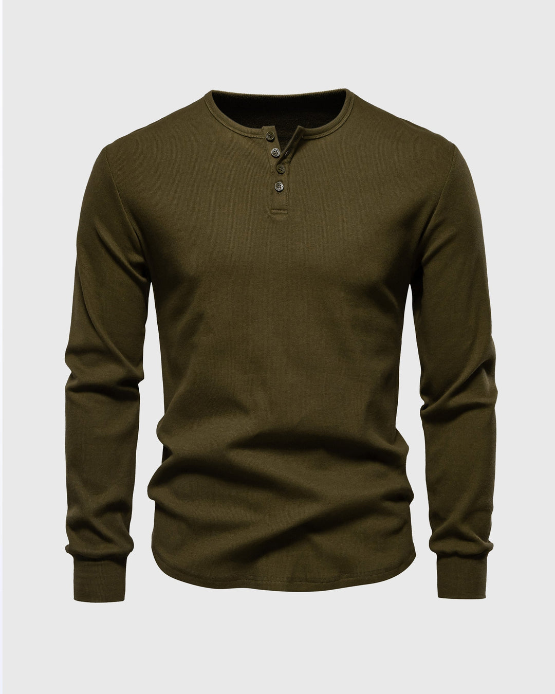 Classic men's ribbed henley, an essential long sleeve top for winter layering.