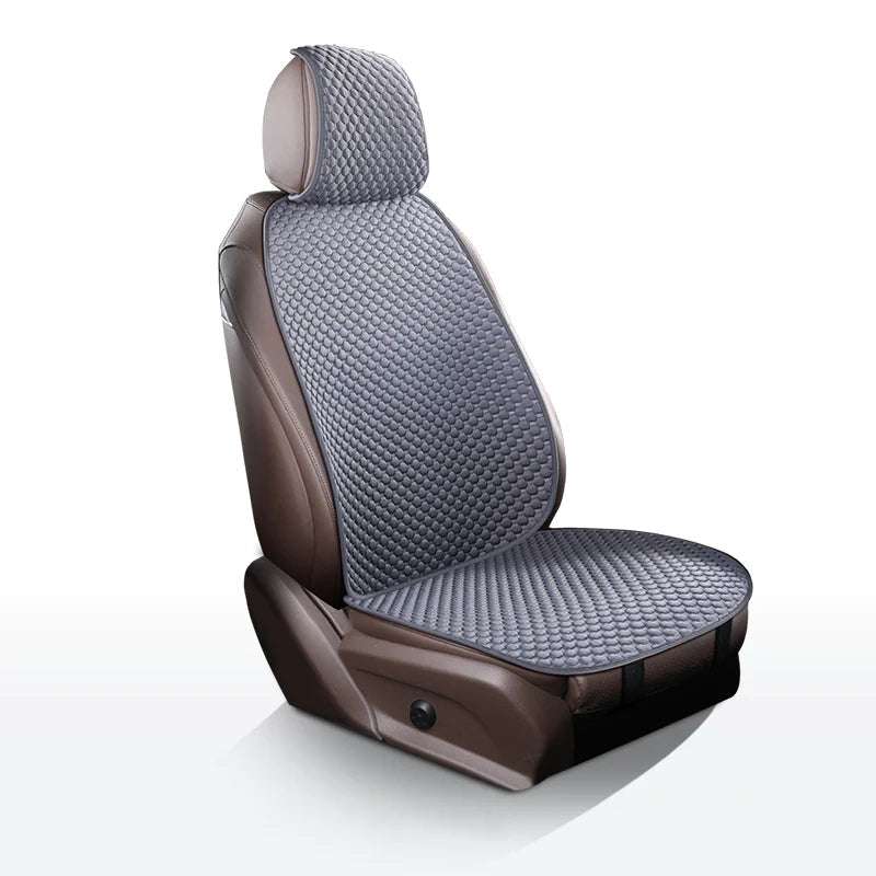 Grey car seat protector offering cooling & breathable comfort. Slip resistant vehicle interior accessory.