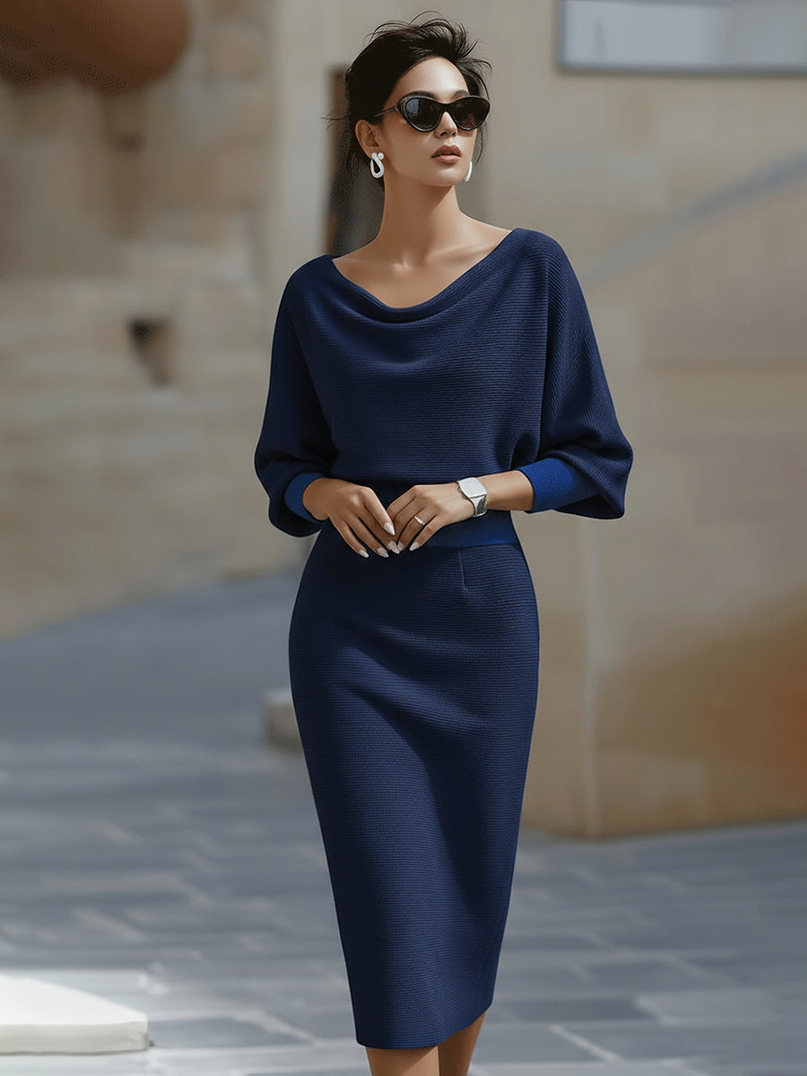 Versatile women's elegant midi dress, a stunning cowl-neck bodycon style for parties, cocktails, or evenings.
