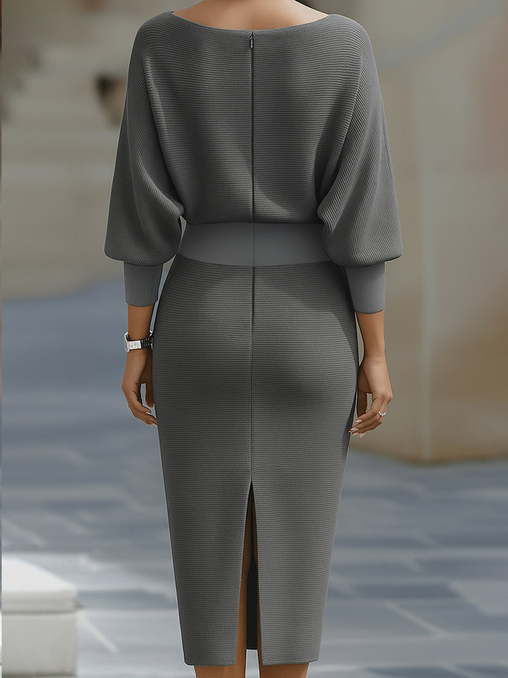Chic women's bodycon midi dress with elegant cowl neck & batwing sleeves, perfect for evening party wear.
