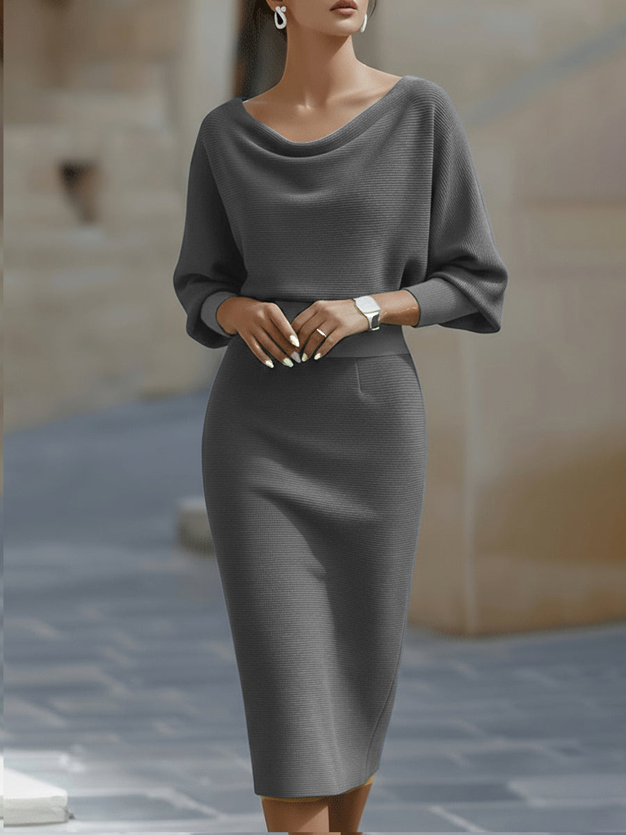 Sophisticated women's evening dress, a stylish cowl-neck bodycon midi for elegant parties and events.