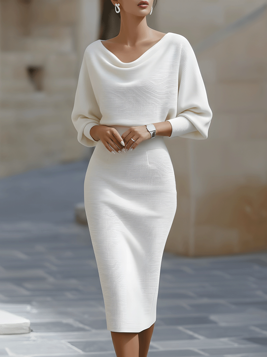 Stylish form-fitting women's midi dress, elegant cowl neck, and batwing sleeve design for evening fashion.