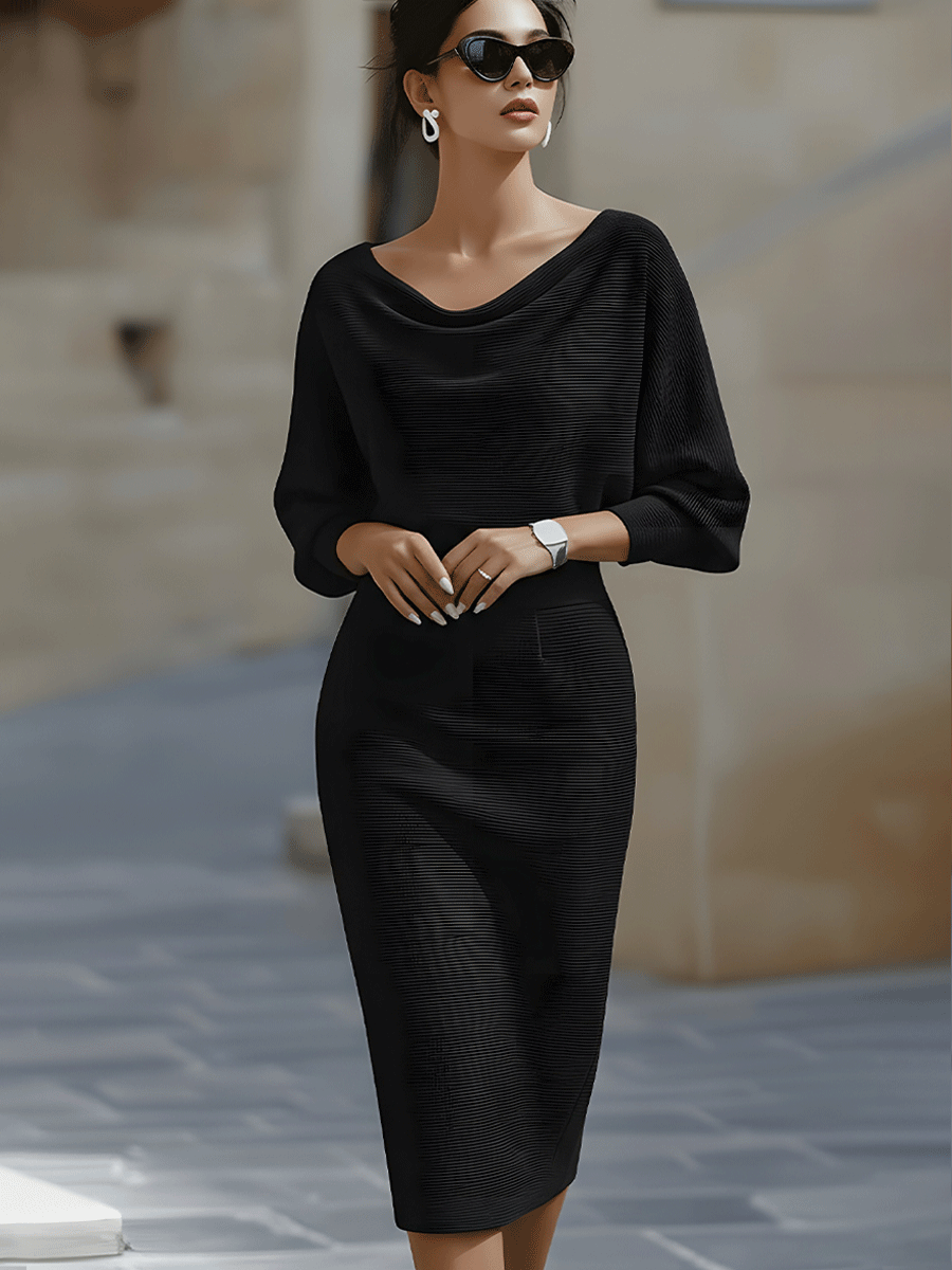 Draped cowl-neck bodycon midi dress for women, an elegant and sophisticated choice for special evening events.