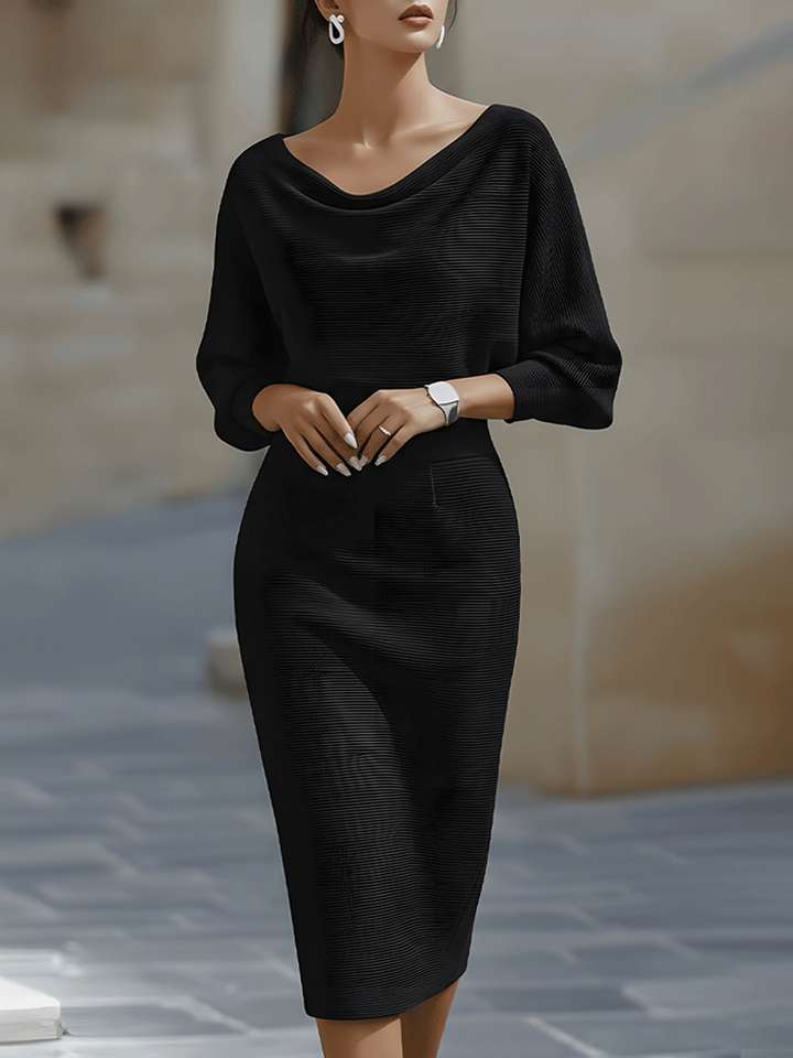 Elegant women's midi dress featuring batwing sleeves and a chic cowl-neck bodycon fit for evening parties.