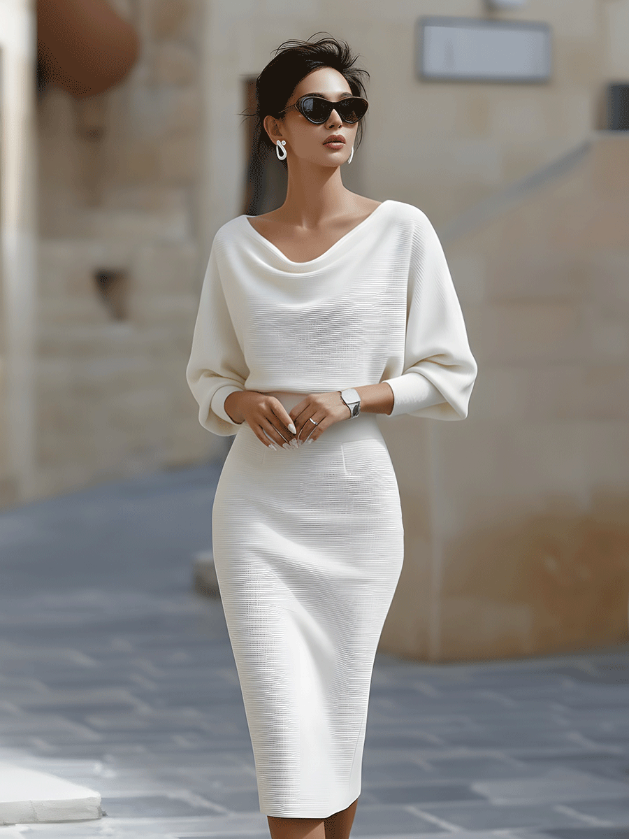 Elegant women's cowl-neck bodycon midi dress, perfect for sophisticated evening wear and parties.