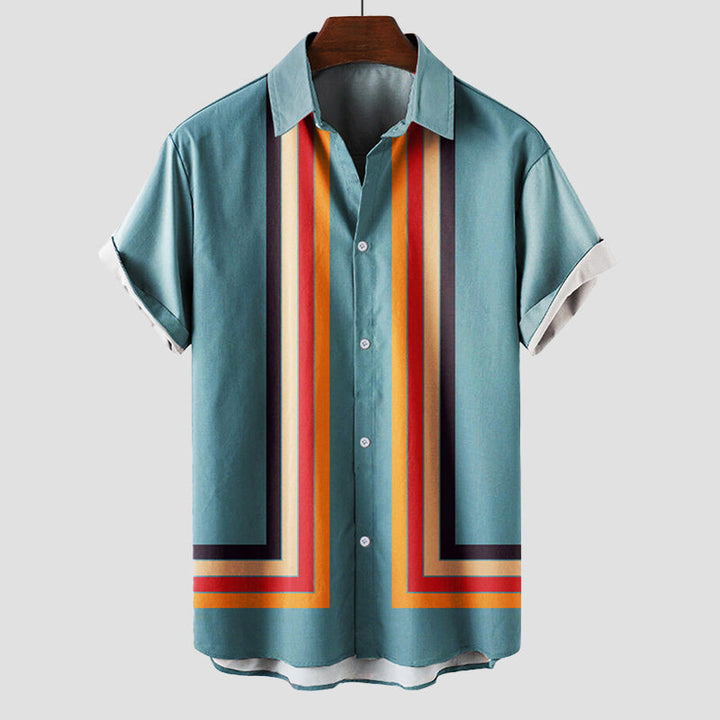 Casual men's vintage sunset stripe shirt, short sleeve and retro style for summer comfort wear.
