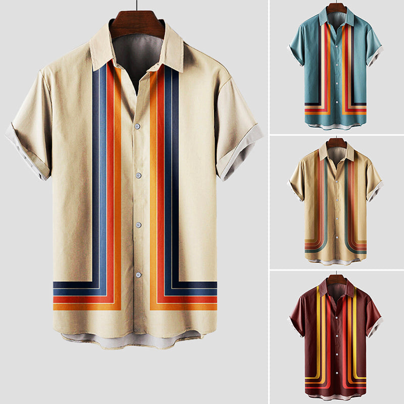 Retro sunset stripe men's summer shirt, a stylish vintage short sleeve top for ultimate comfort.