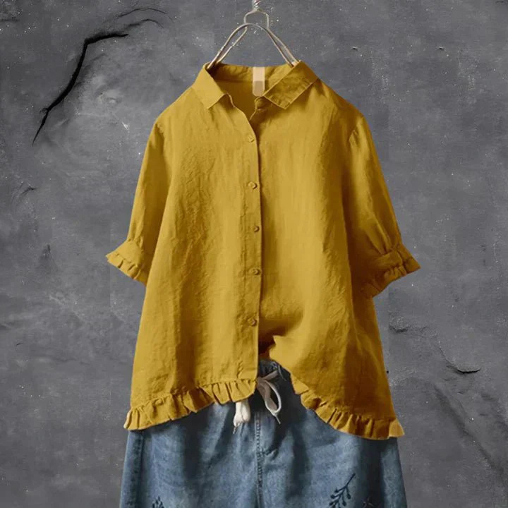 Stylish yellow women's ruffle-trim button-down shirt, a relaxed-fit short-sleeve casual blouse for versatile summer outfits.