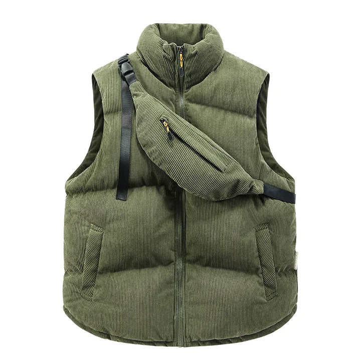Warm men's padded alpine winter vest, ideal layering piece for cold weather & stylish men's fashion.