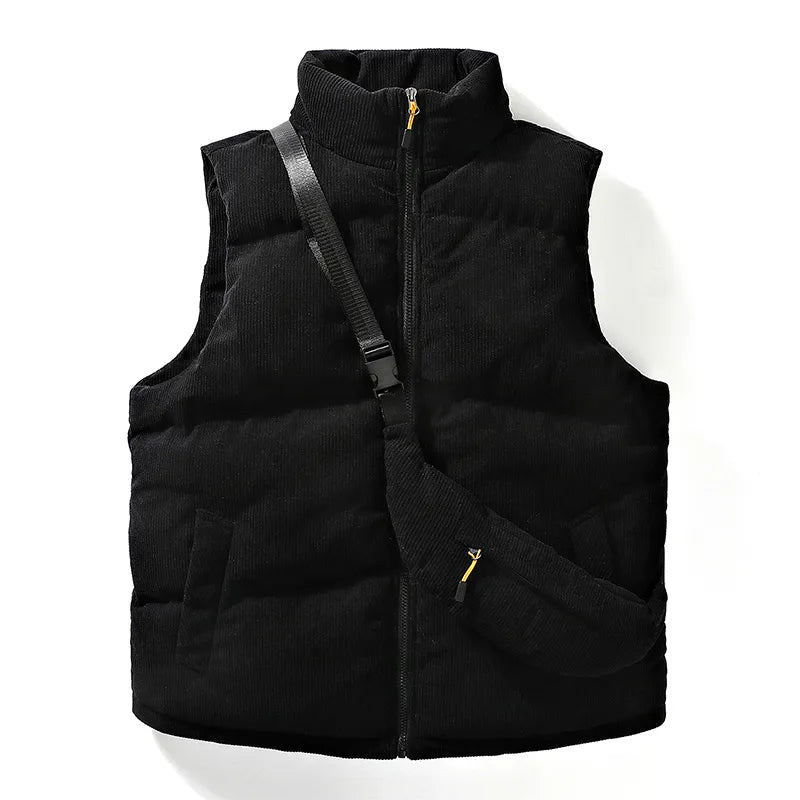Durable men's alpine winter vest for active cold weather wear. Fashionable sleeveless jacket with free bag.