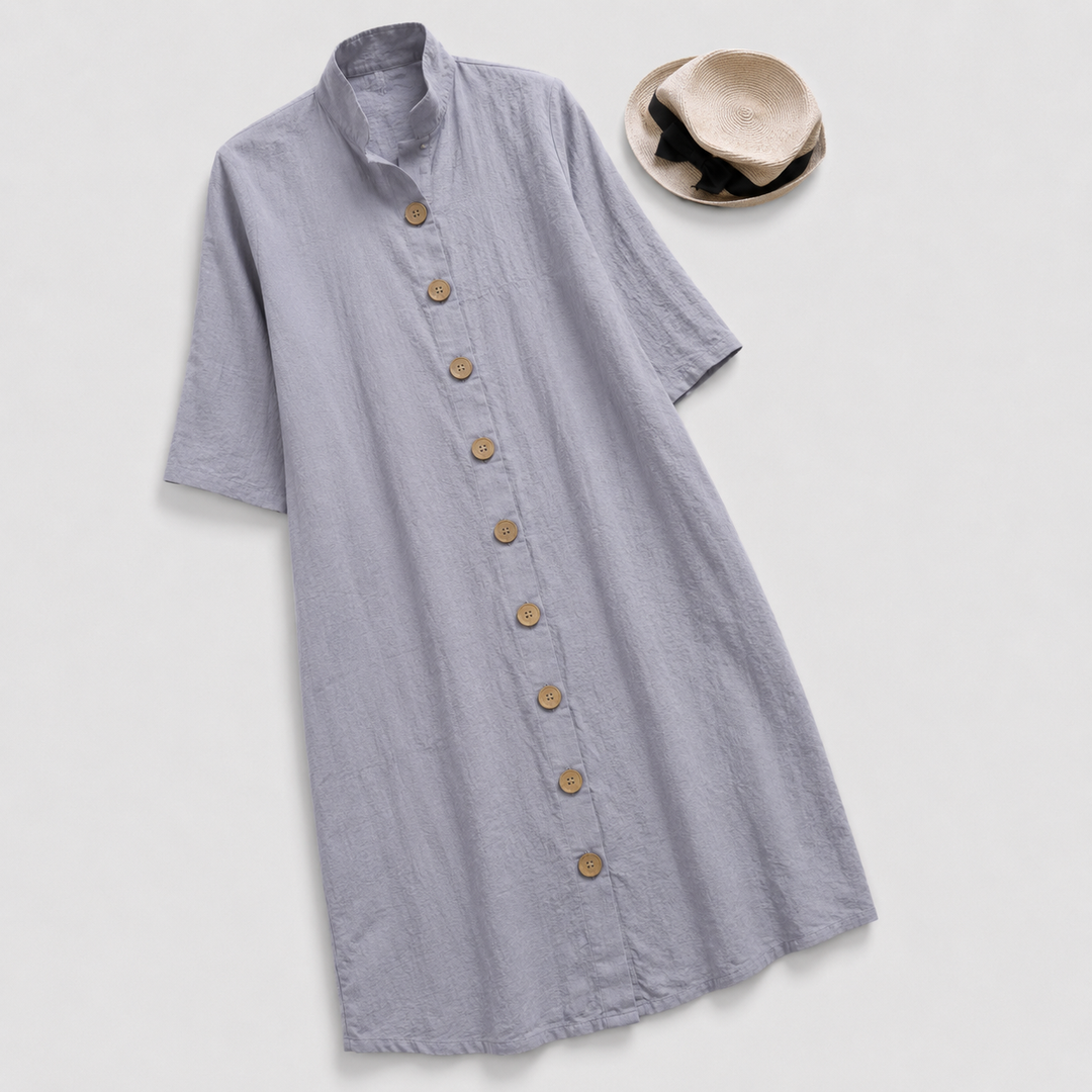 Elegant women's long sleeve midi shirt dress with a full button-down front & distinct layered hem for versatile styling.