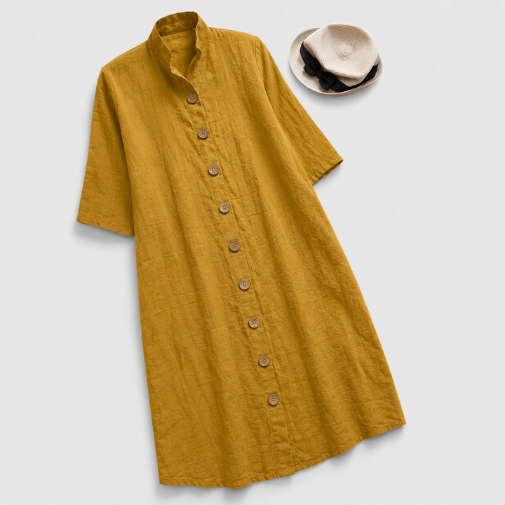 Women's versatile button-down shirt midi dress with elegant layered hem & long sleeves, perfect for casual modern style.