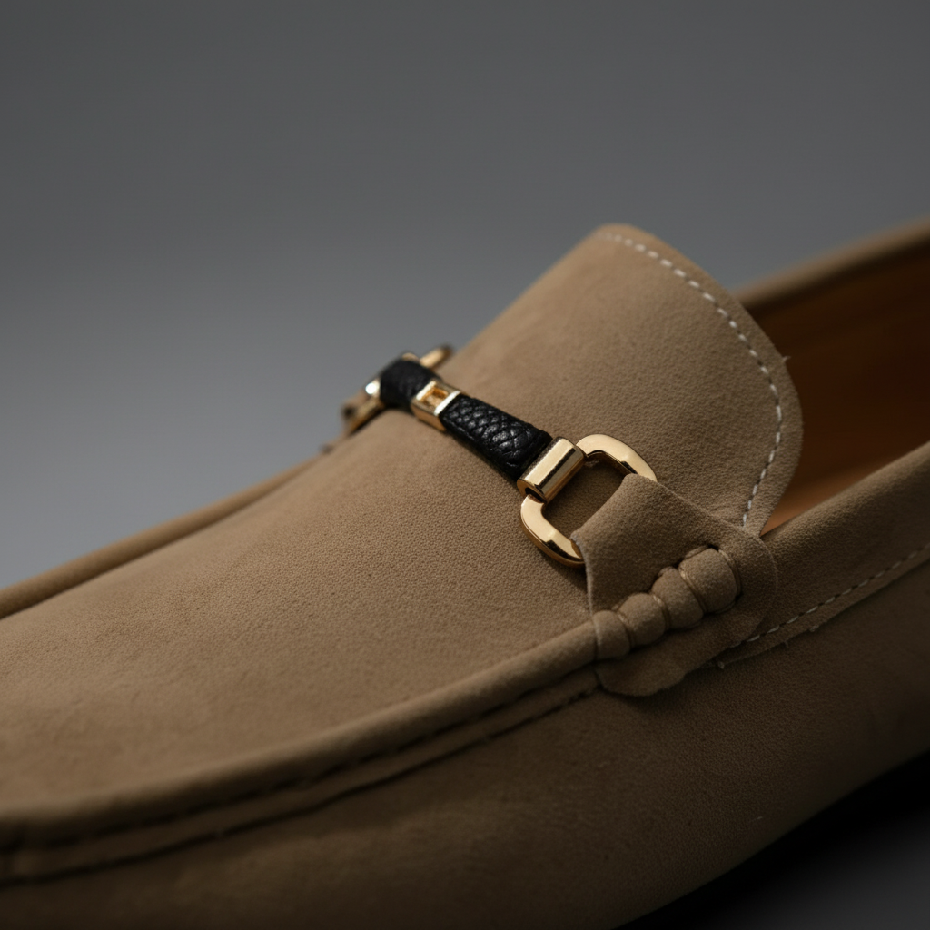 Stylish men's formal loafers with elegant polished metal buckle. Classic slip-on dress shoes.