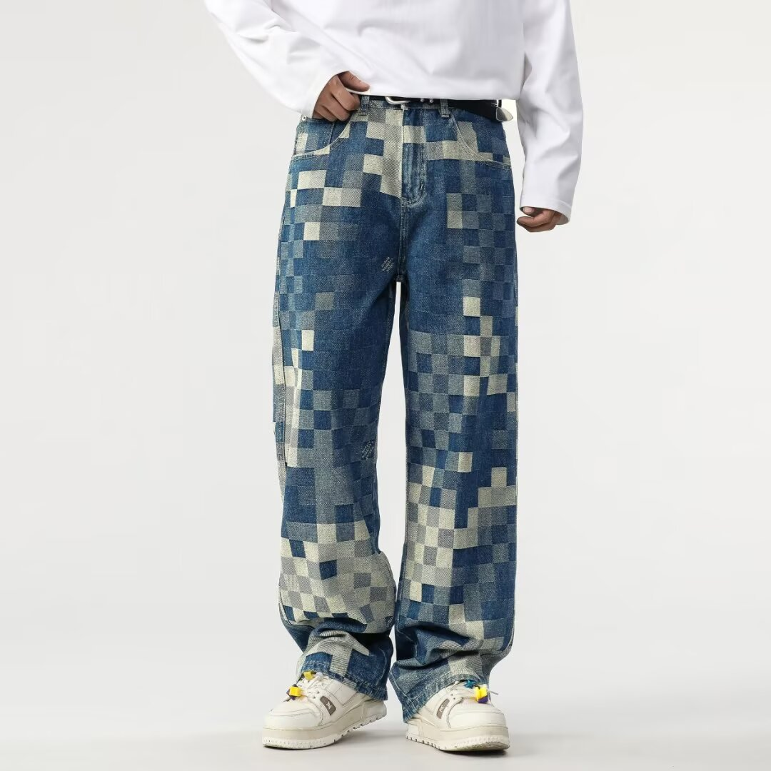 Men's relaxed fit mosaic jeans with unique pixelated style, perfect for street fashion & comfortable wear.