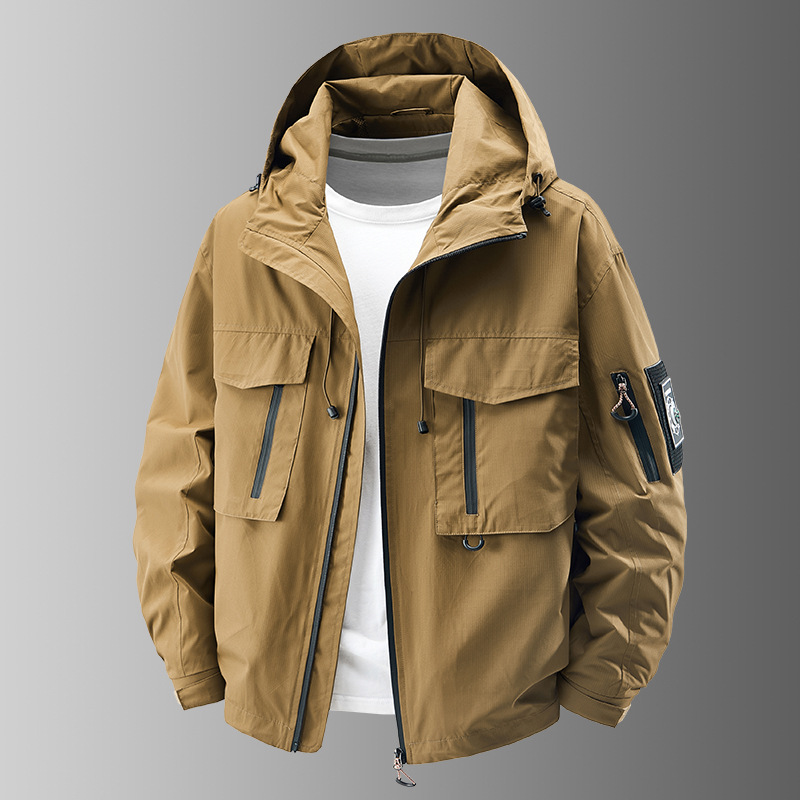 Front view of men's all-weather tactical jacket. Durable and lightweight with full zip and chest pockets.