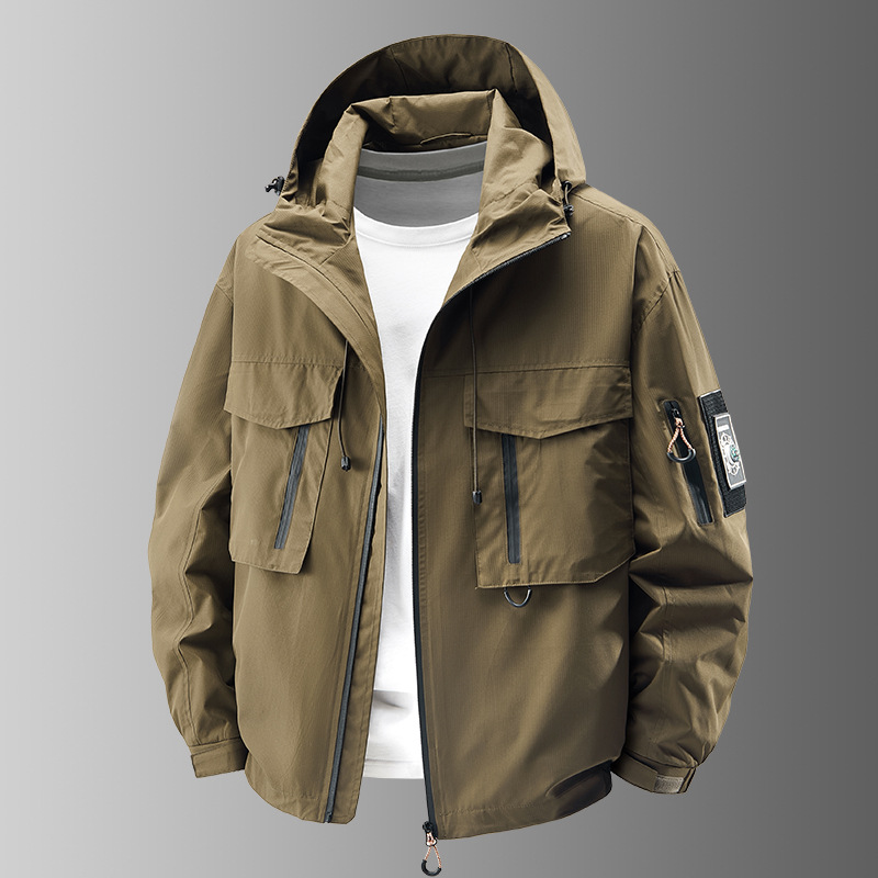 Men's durable tactical jacket, all-weather performance. Lightweight design with multiple zip pockets for utility.