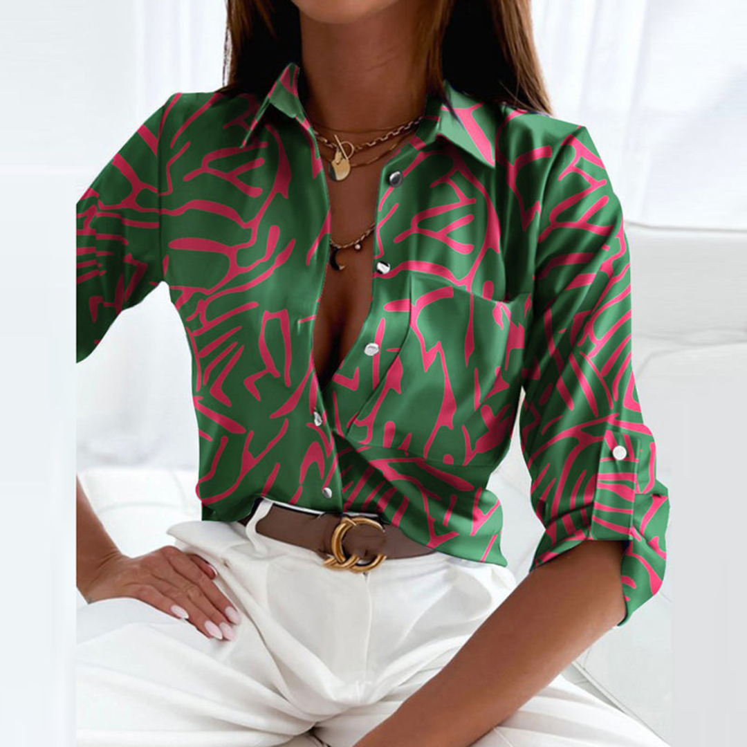 Women's classic geometric print button-down shirt, elegant and versatile.