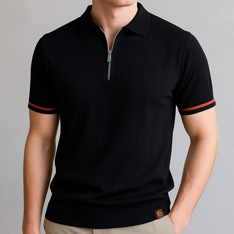 Versatile men's casual polo shirt, quarter-zip feature, soft knit fabric for everyday comfort.