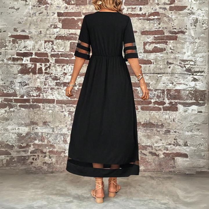 Comfortable women's long maxi dress with mesh panels & gathered waist. Perfect for spring & fall fashion.