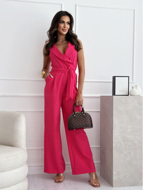 Stylish women's short sleeve wide-leg jumpsuit. Versatile for formal wear, casual chic, or party outfit. Elegant fit.