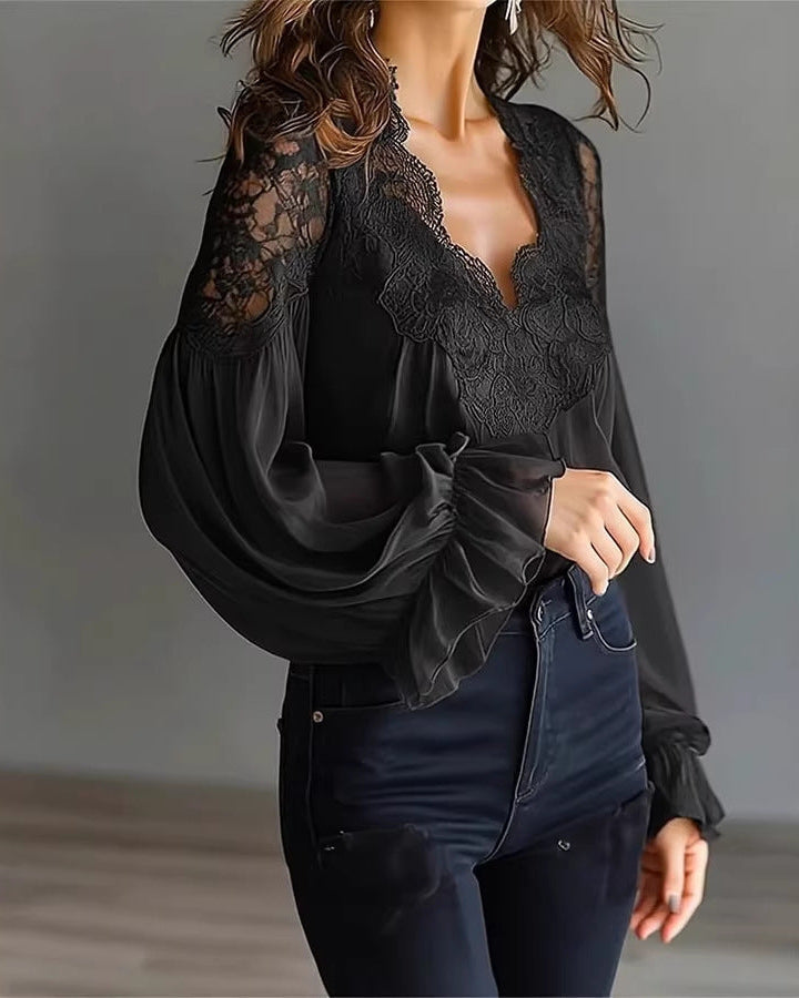 Sophisticated women's V-neck party blouse, designed with elegant long puff and ruffle sleeves. Fashionable.