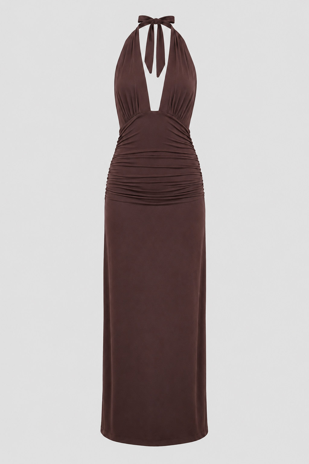 Flowing women's plunge halter maxi dress with open back. Elegant long evening gown for formal and party wear.