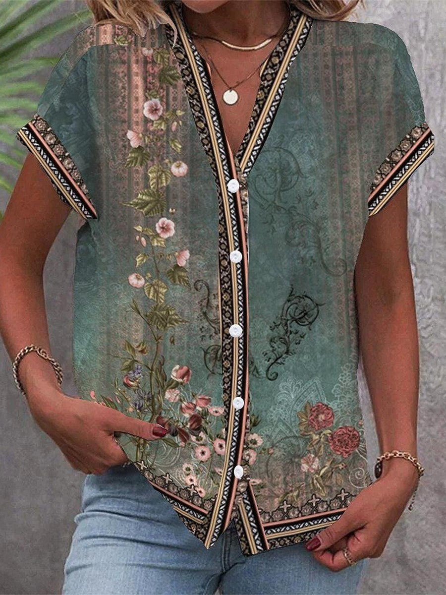 Women's stylish boho floral print V-neck short sleeve blouse, lightweight & relaxed fit for casual summer wear.