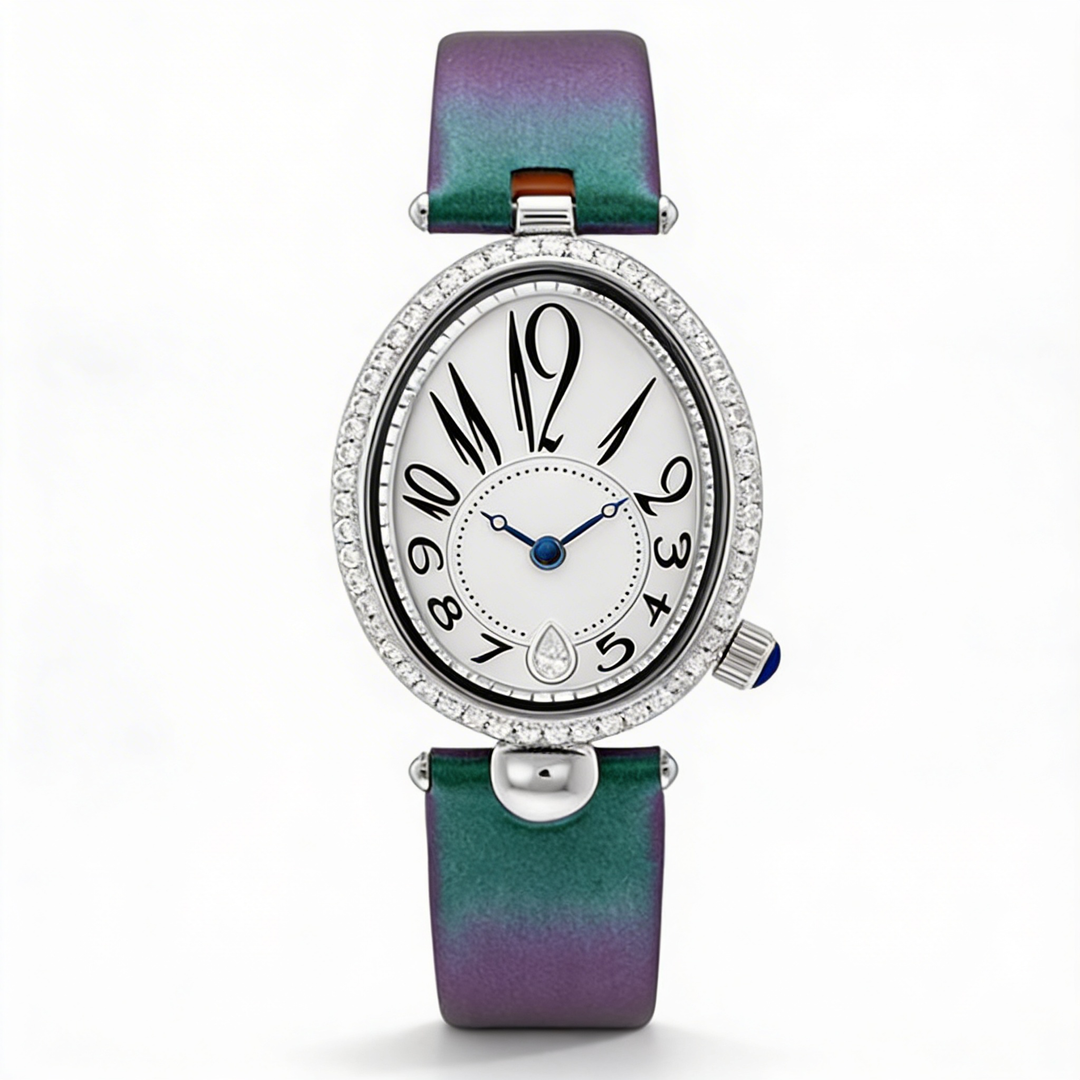 Close-up of a women's elegant oval dial watch, showing the finely crafted leather strap and sleek design.