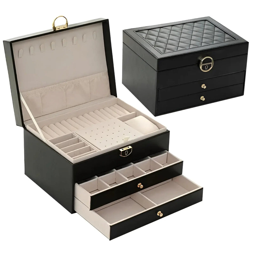 Black elegant faux leather multi-tier jewelry organizer, perfect for accessory storage.