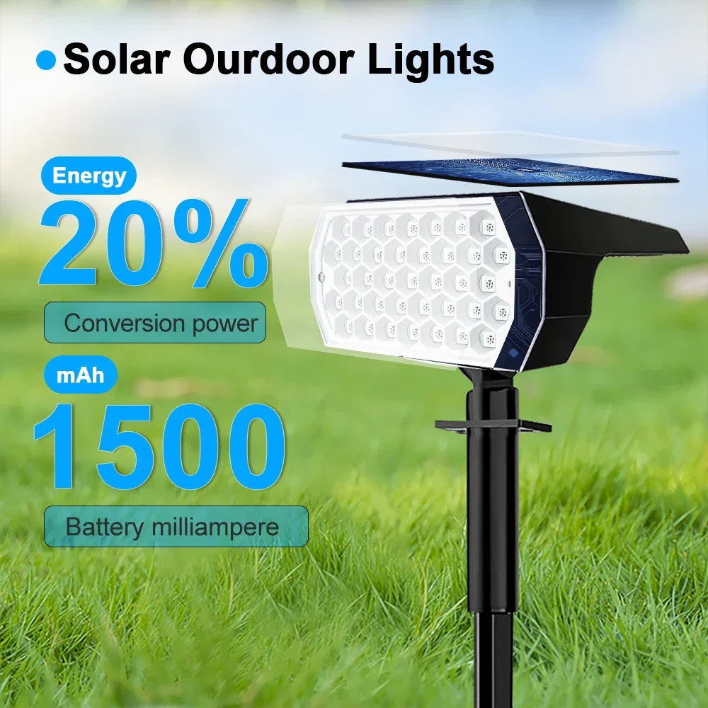 Outdoor solar spotlights with vibrant RGB colors, enhancing garden decor and landscape lighting.