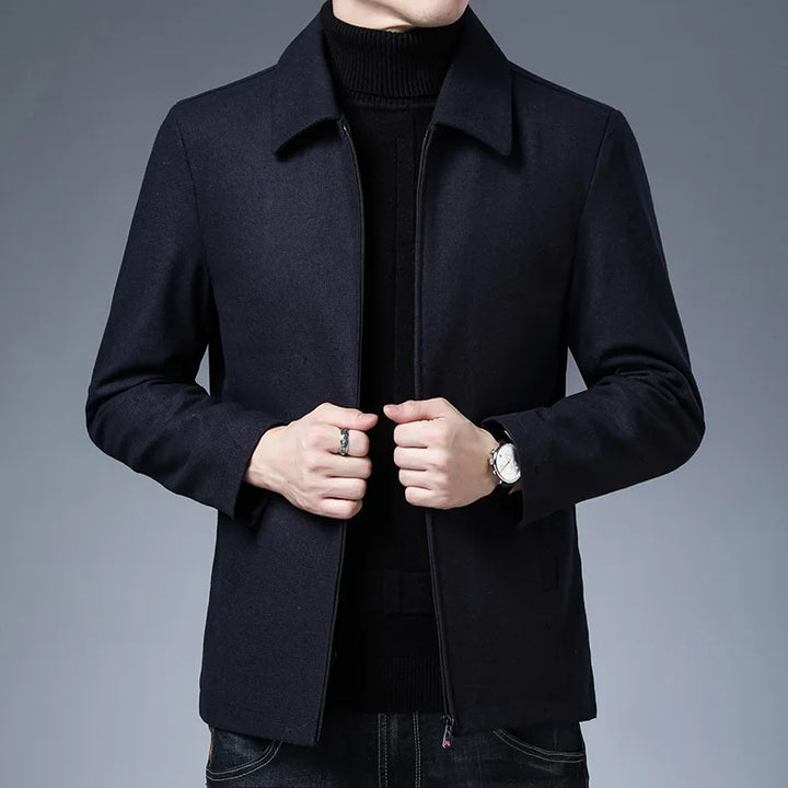 Men's sleek tailored jacket with high collar & zipper, perfect for smart casual or professional everyday wear.