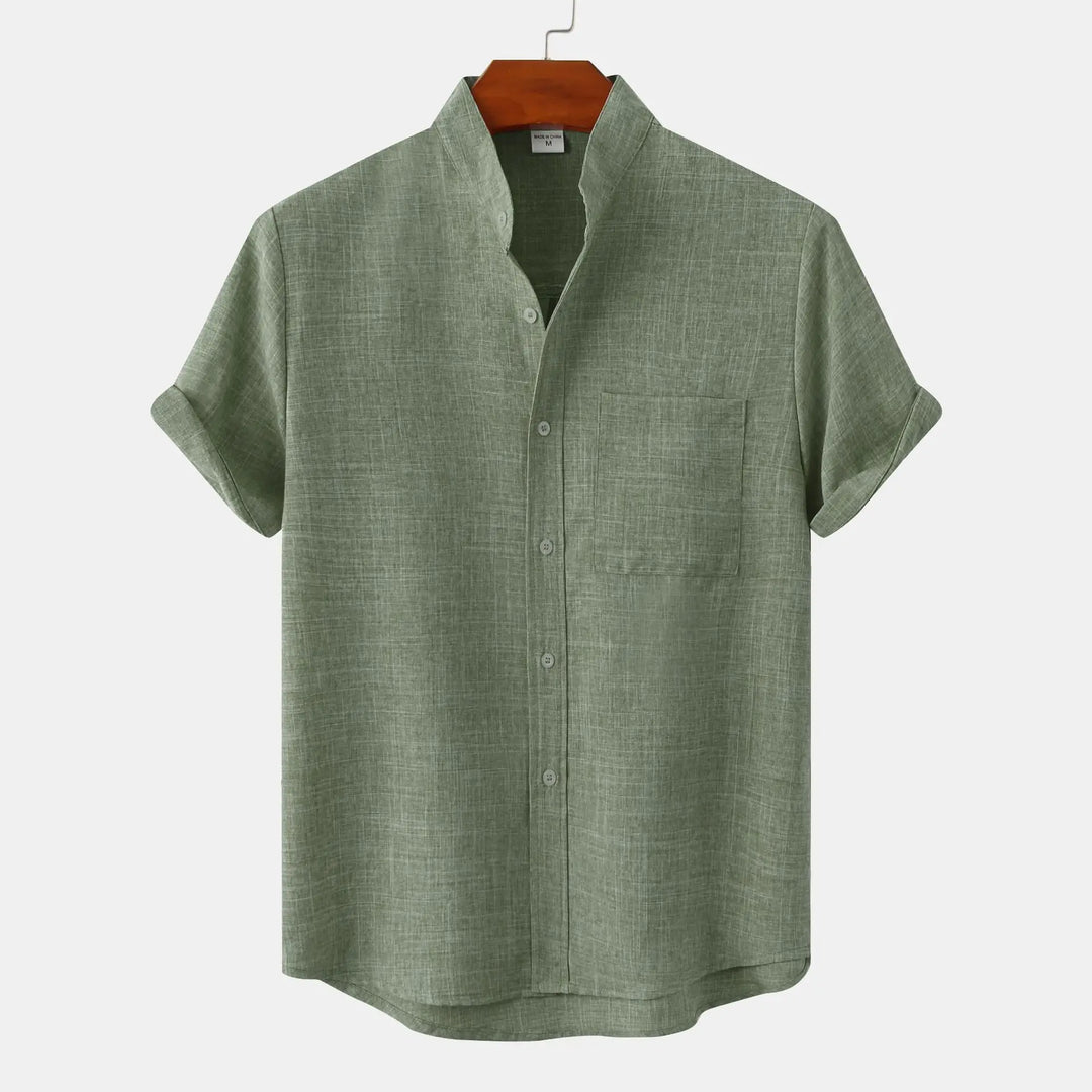 Comfortable men's casual short-sleeve button-up shirt, collarless, perfect for summer and warm weather.