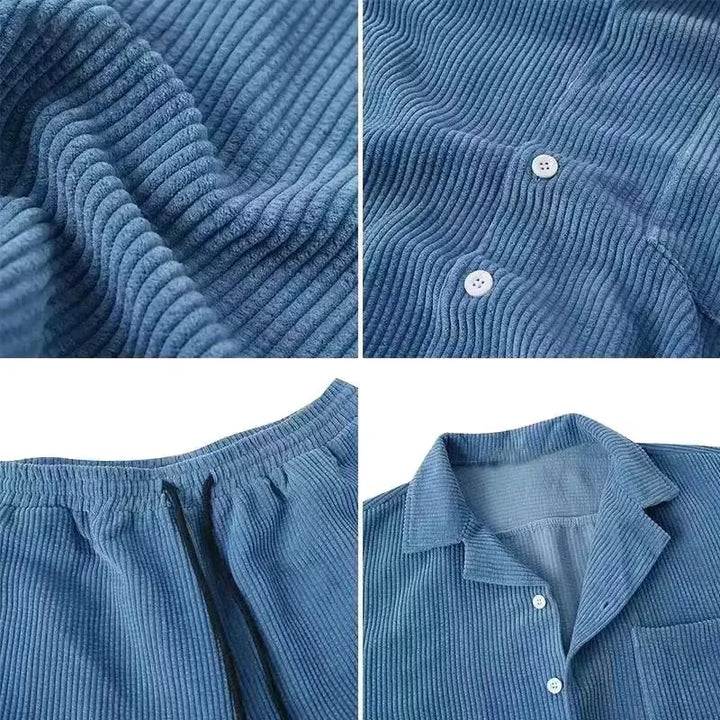 Women's relaxed fit two-piece set: button-up shirt & drawstring shorts. Comfortable loungewear & casual summer outfit.