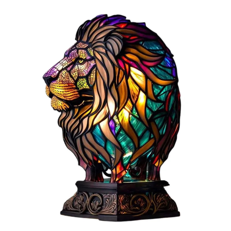 Unique animal accent lamp in a stained glass look, a resin sculpture providing warm, colorful lighting.